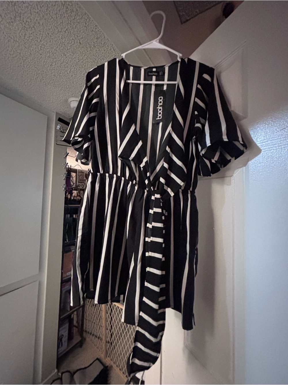 boohoo Black & White Striped Wrap ROMPER